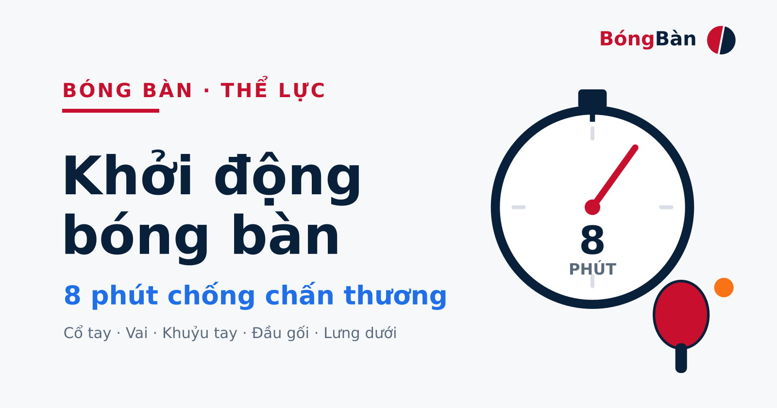 Bìa bài Khởi động bóng bàn 8 phút chống chấn thương với hình đồng hồ bấm giờ và vợt bóng bàn